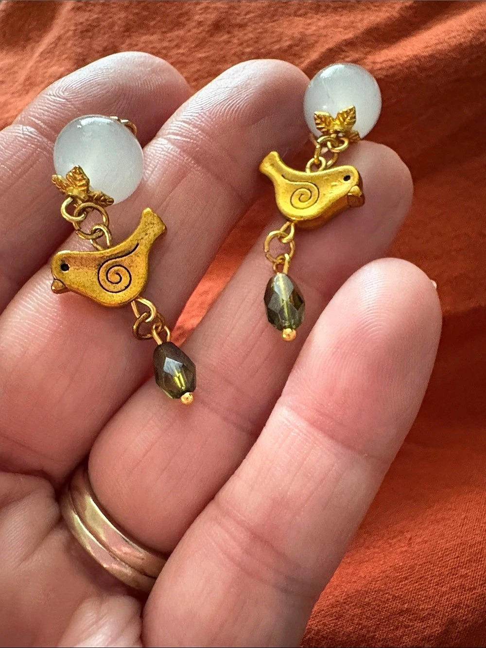 Hand made Bird Charm Beaded Earrings in Gold & White Like New